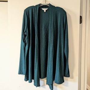 Market & Spruce Long Waterfall Open Cardigan Deep Green Women's Plus 1X